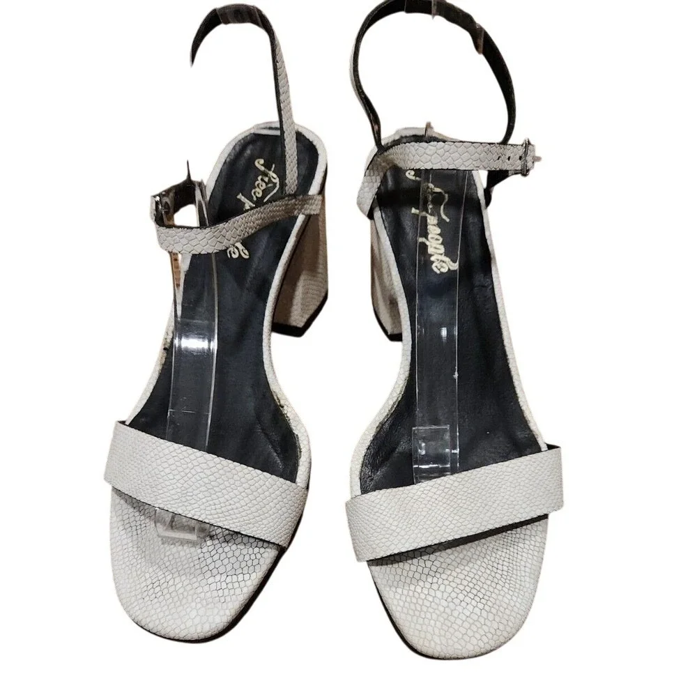 Free People White Snakeskin Print Heeled Sandals Ankle‎ Strap Open Toe